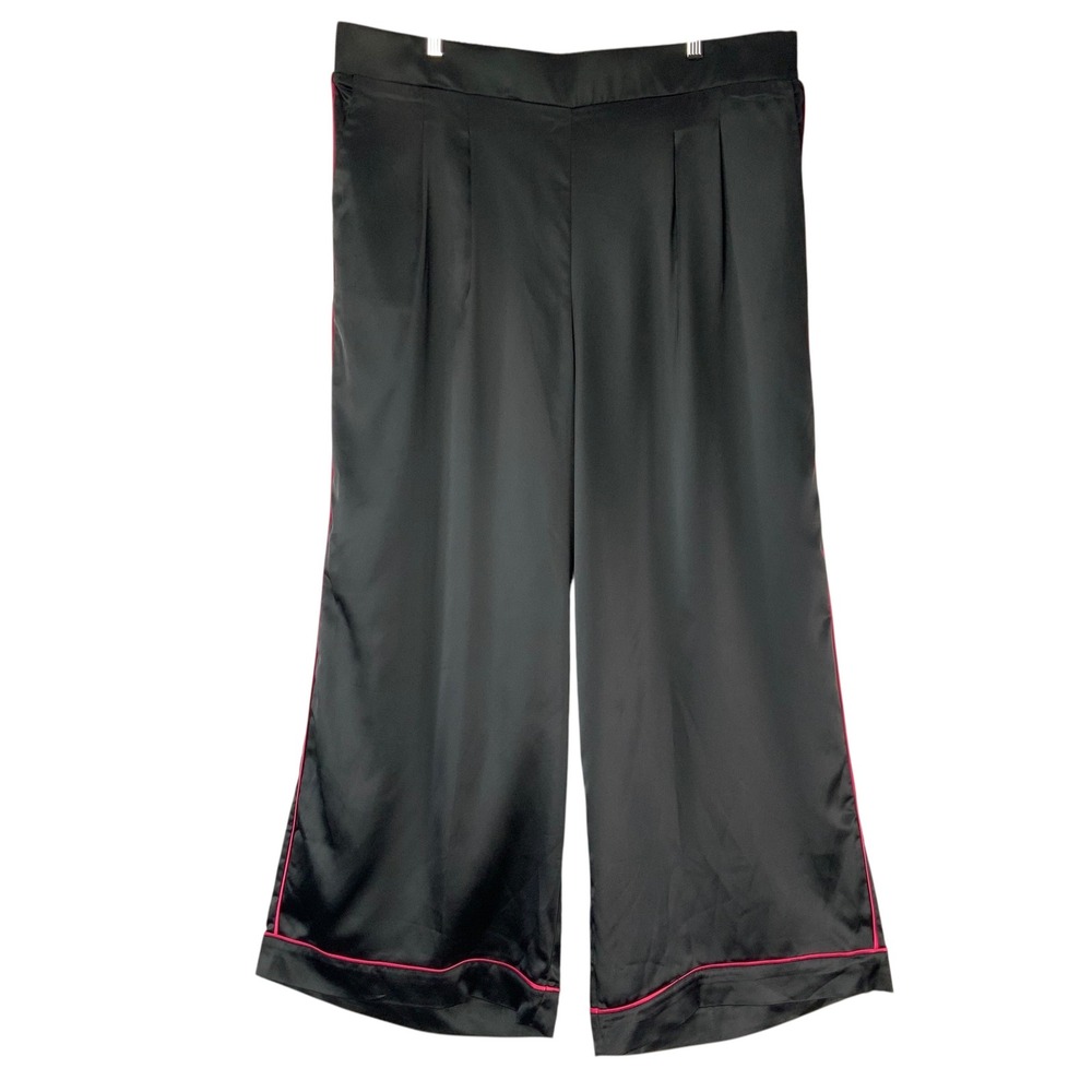 Torrid Black Pink Piping Satin Wide Leg Pants 2R Elastic Back High Rise Pockets